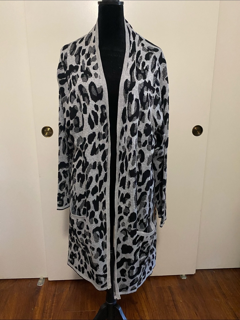 Catherines Long Open Leopard Print Cardigan - Black & Gray with Shiny Silver